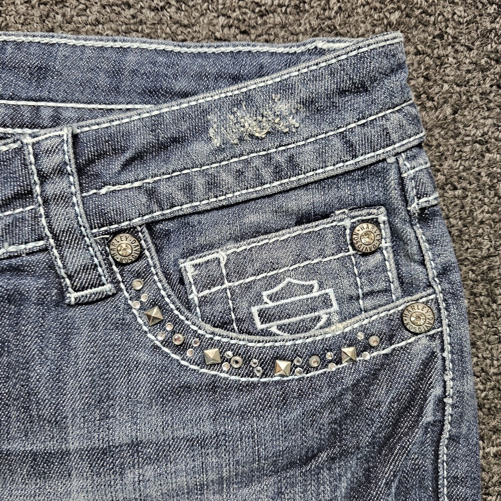 Y2K Harley Davidson Jeans Womens 14 Tall Boot Cut Embellished Medium Wash Flap - Picture 2 of 10